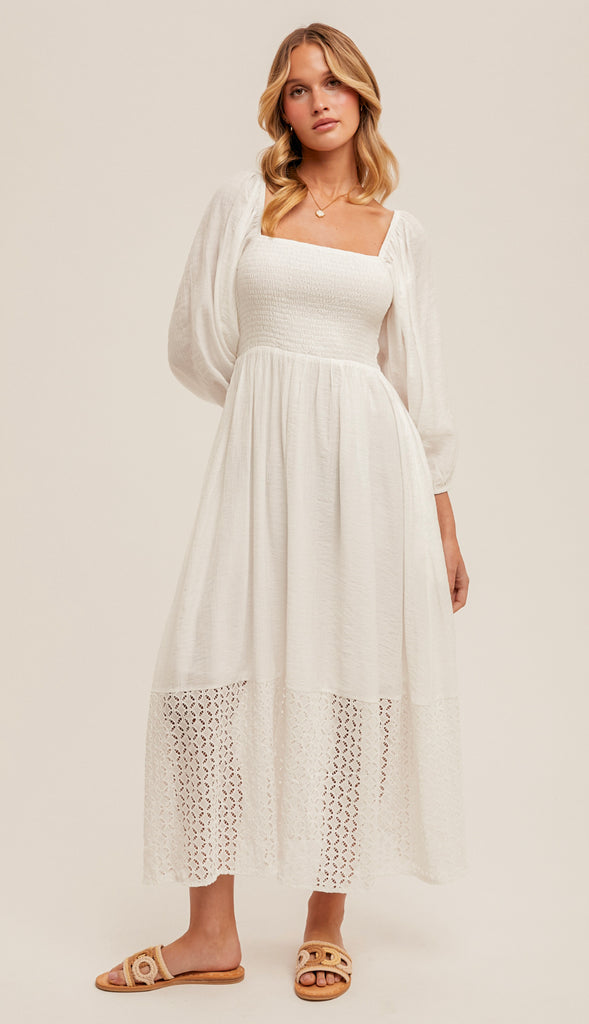 Eyelet Bubble Sleeve Midi Dress- White