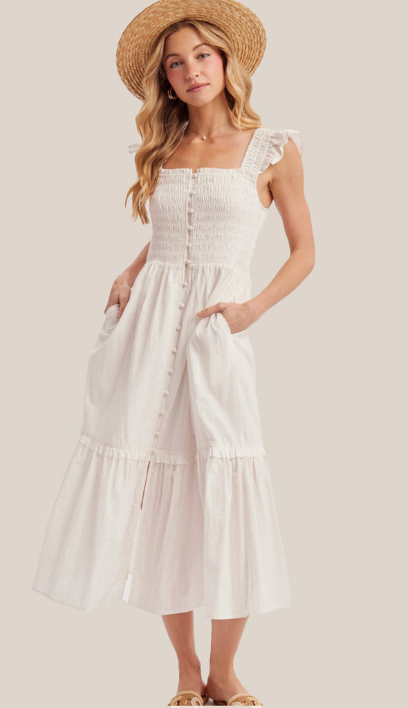 Ready For Brunch Smocked Square Neck Midi Dress- Ivory