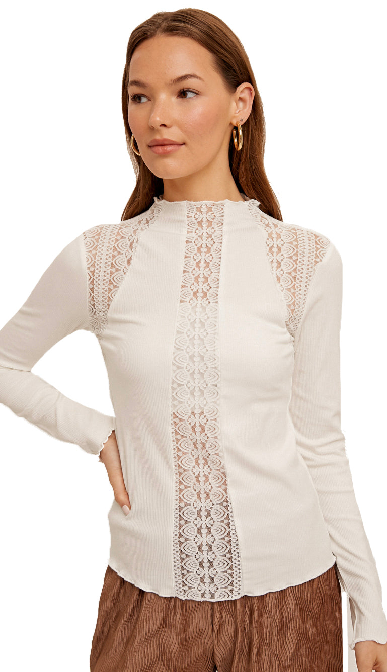 Charlie Lace Mock Neck Top - Off White