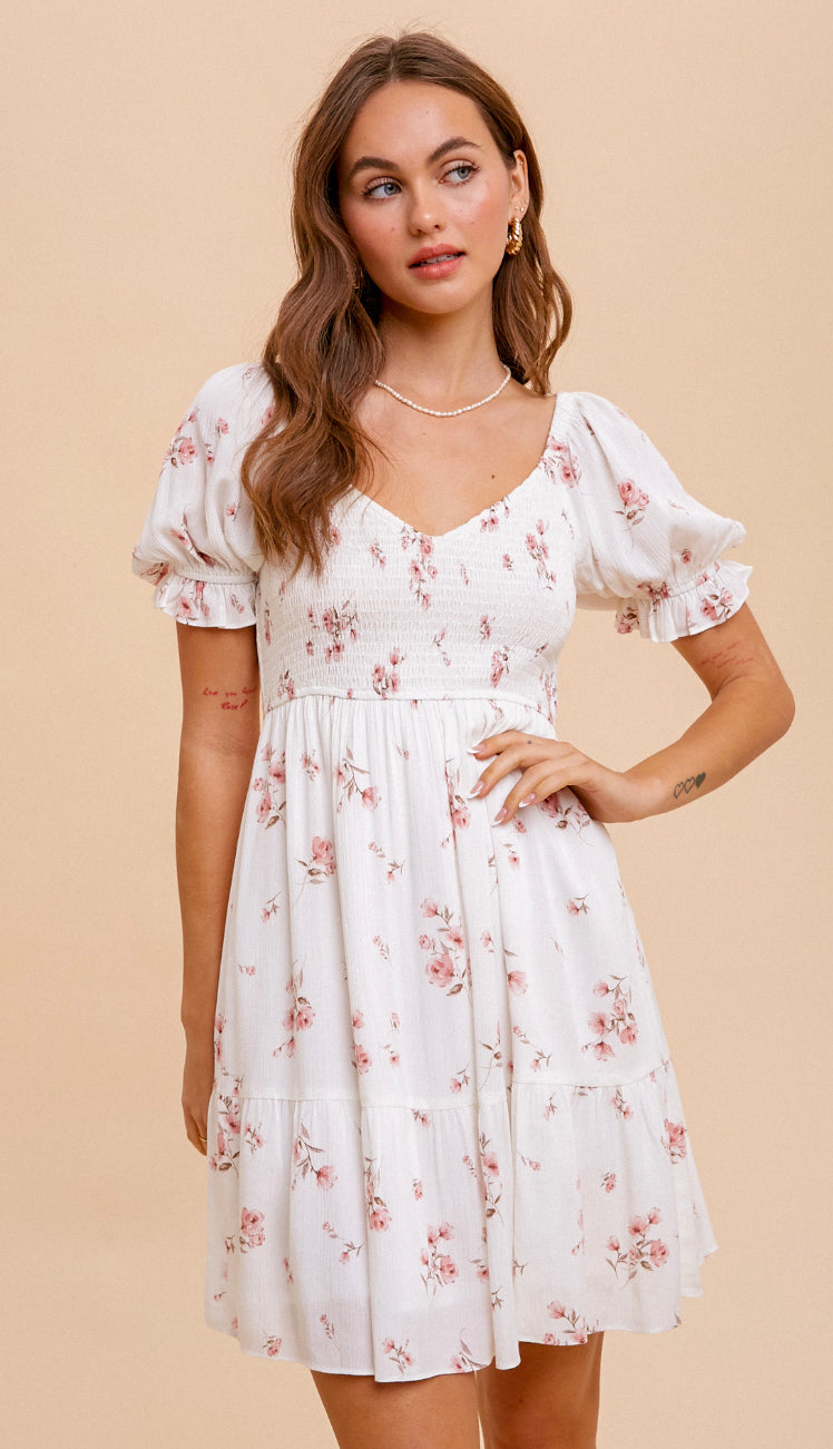 Picture Perfect Floral Bubble Sleeve Dress- White/Rose