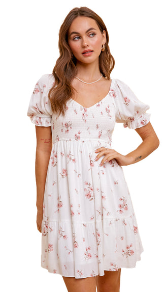 Picture Perfect Floral Bubble Sleeve Dress- White/Rose