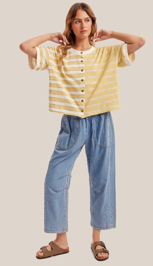 Smocked Waistband Denim Barrel Pants- Denim Blue