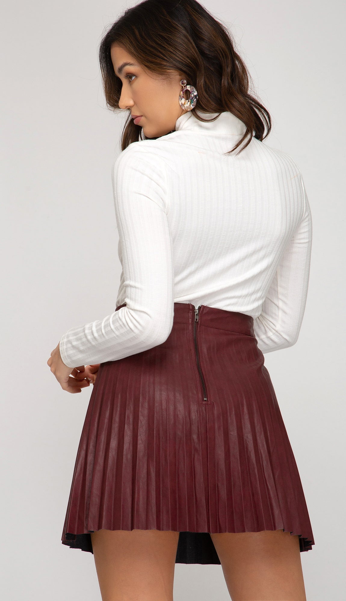 Pleated Leather Mini Skirt- Wine