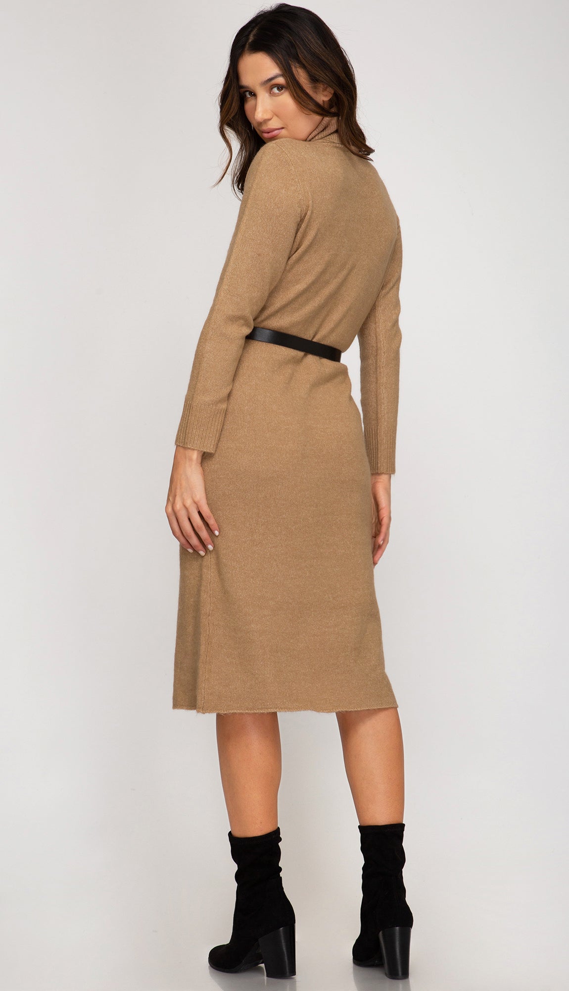 Hold You Tight Turtle Neck Sweater Dress- Camel
