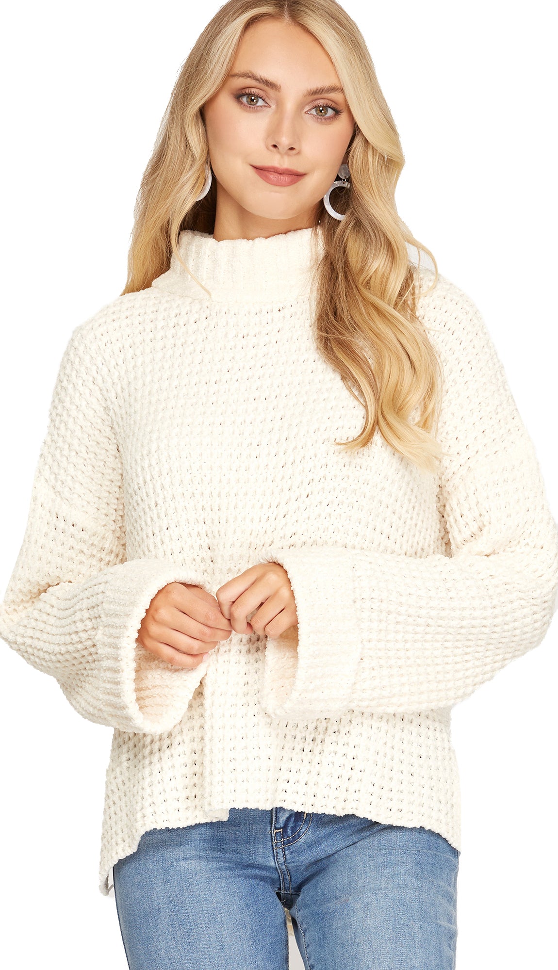 Cuff Sleeve Chenille Sweater- Cream