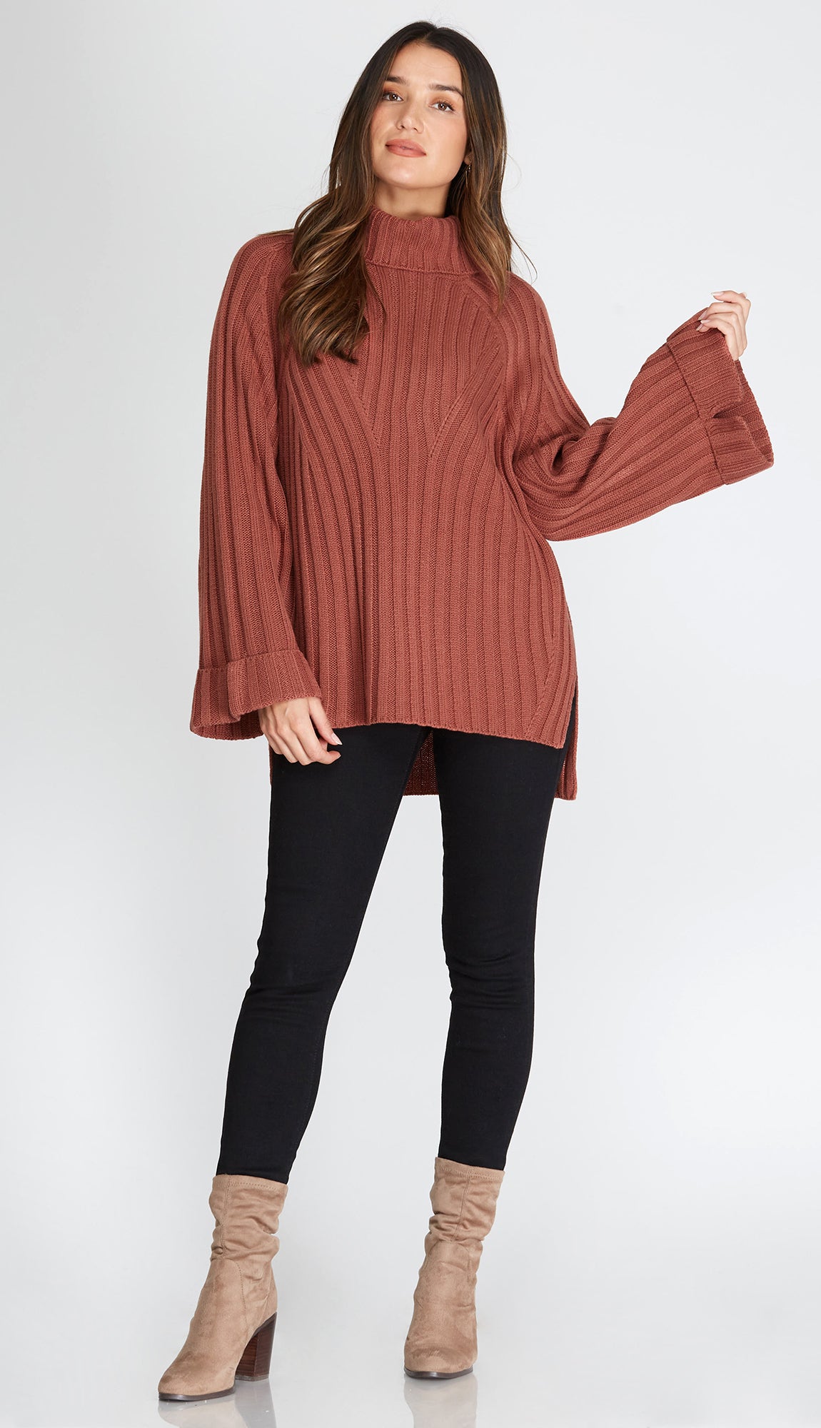 Fallon Wide Cuff Sleeve Turtleneck Sweater- Cinnamon