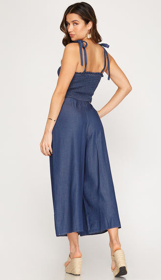 The Open Road Chambray Smocked Jumpsuit- Navy