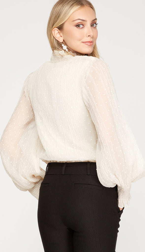 Plisse Smocked Swiss Dot Bodysuit- Cream