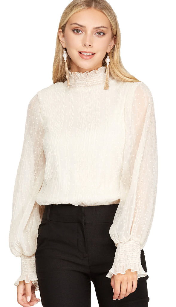 Plisse Smocked Swiss Dot Bodysuit- Cream