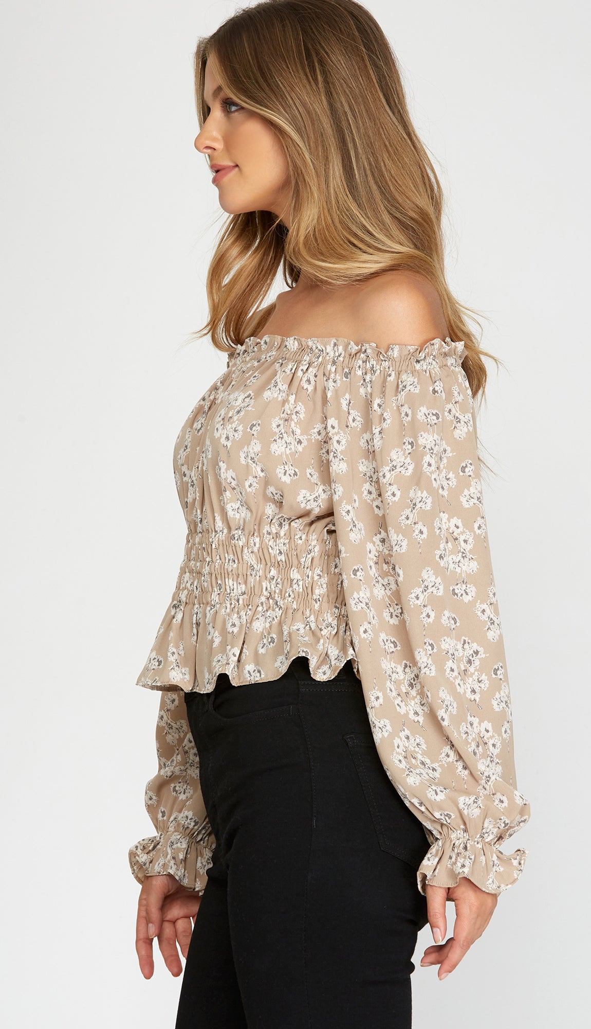 Here Lately Off Shoulder Printed Top- Taupe
