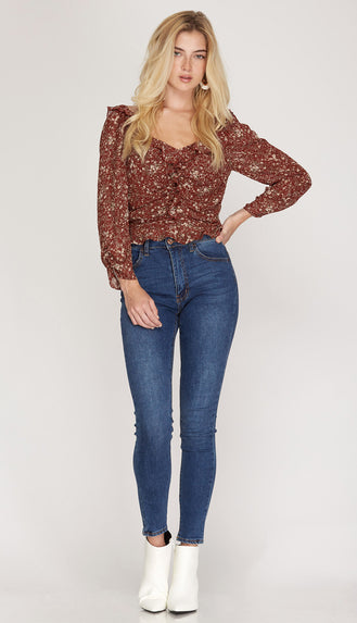 Mindful Actions Print Ruffled Top- Burgundy