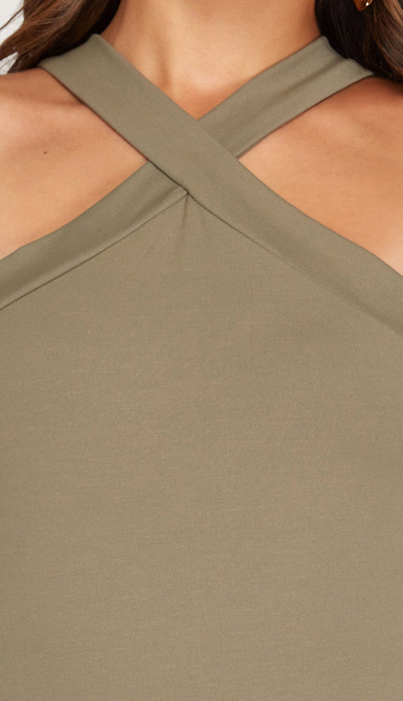 After Midnight Cross Front Bodysuit- Lt. Taupe