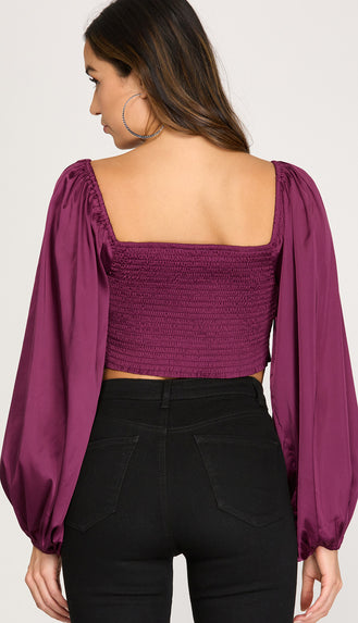 Be Confident Front Tied Satin Top- Plum