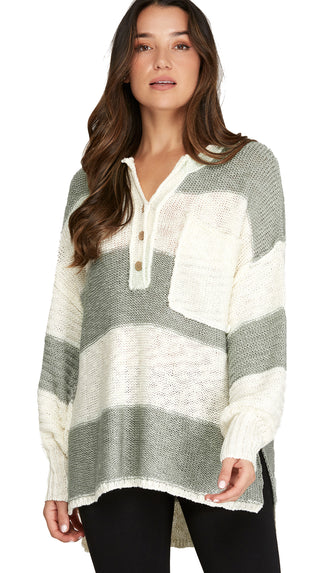 Happy And Free Striped Pocket Sweater- Slate