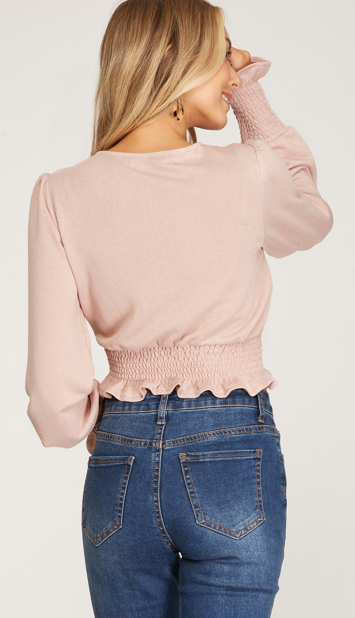 Abbey Smocked Waistband Long Sleeve Top- Off White