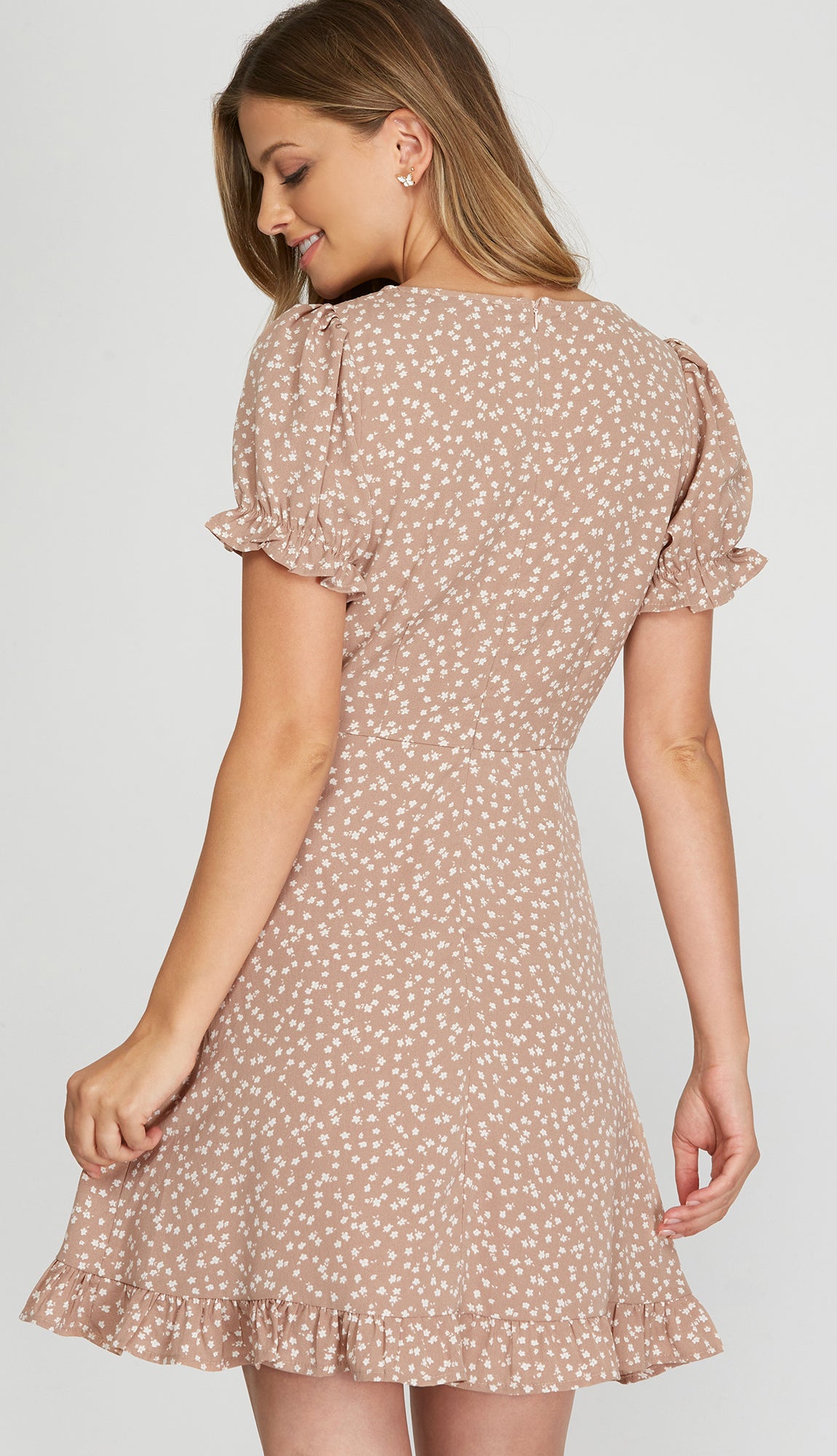 Sylvie Half Sleeve Print Dress- Peach Taupe
