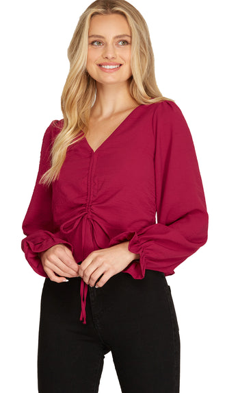 Everly Front Drawstring Top- Berry