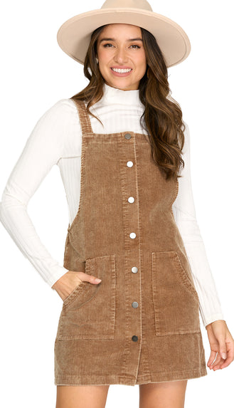 Photo Op Washed Corduroy Overall Dress- Camel