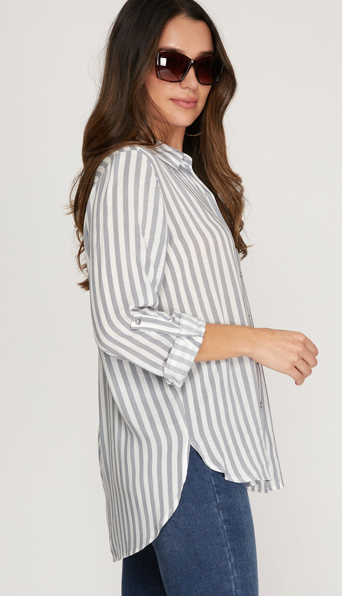 Pier Side Lunch Roll Up Striped Button Shirt- Navy