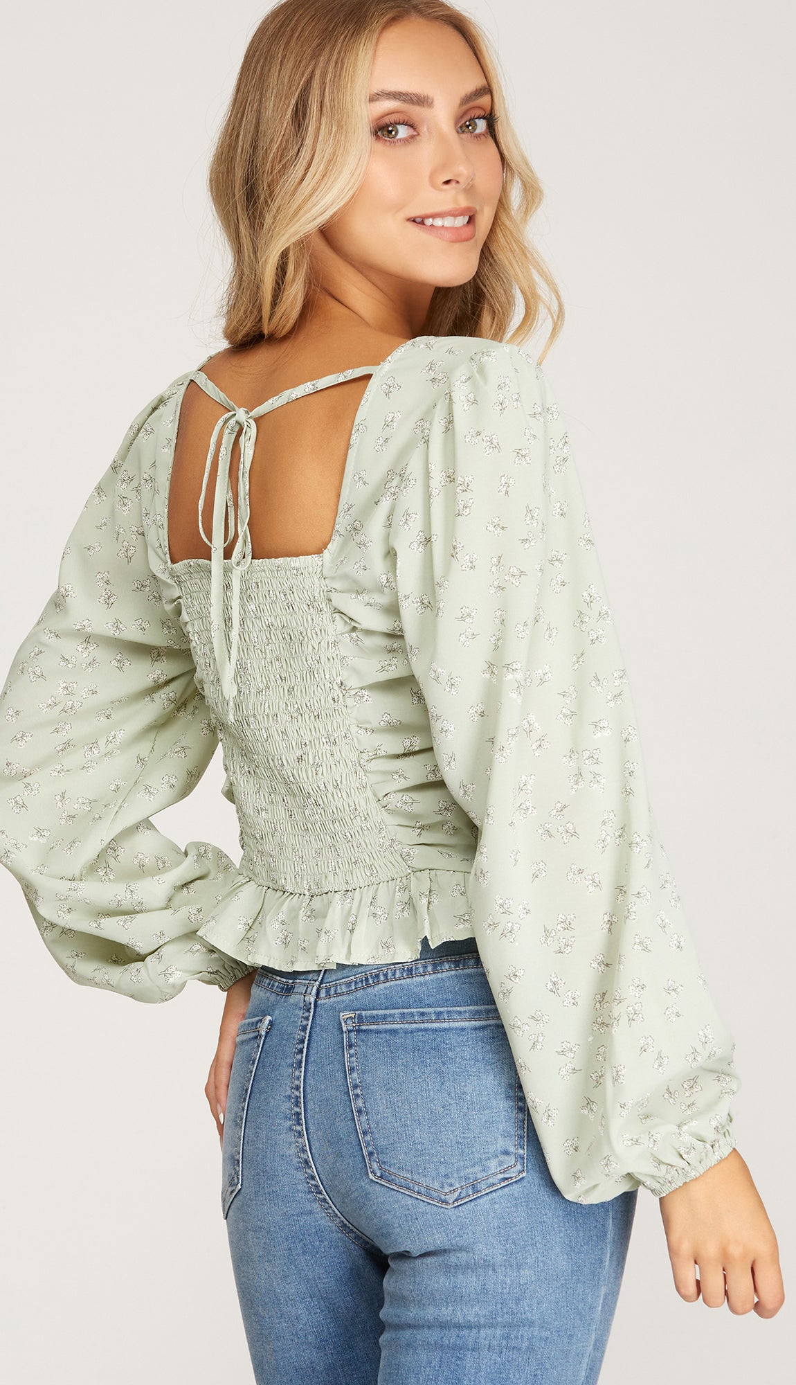 Dainty Floral Ruched Top- Sage