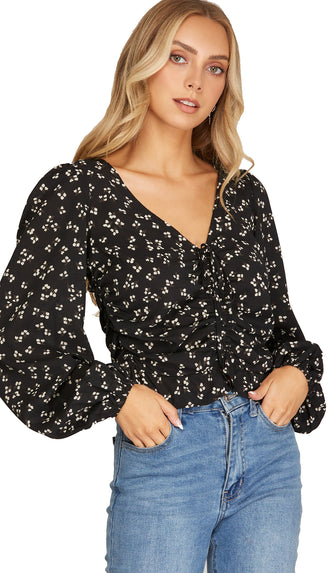 Dainty Floral Ruched Top- Black