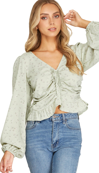 Dainty Floral Ruched Top- Sage