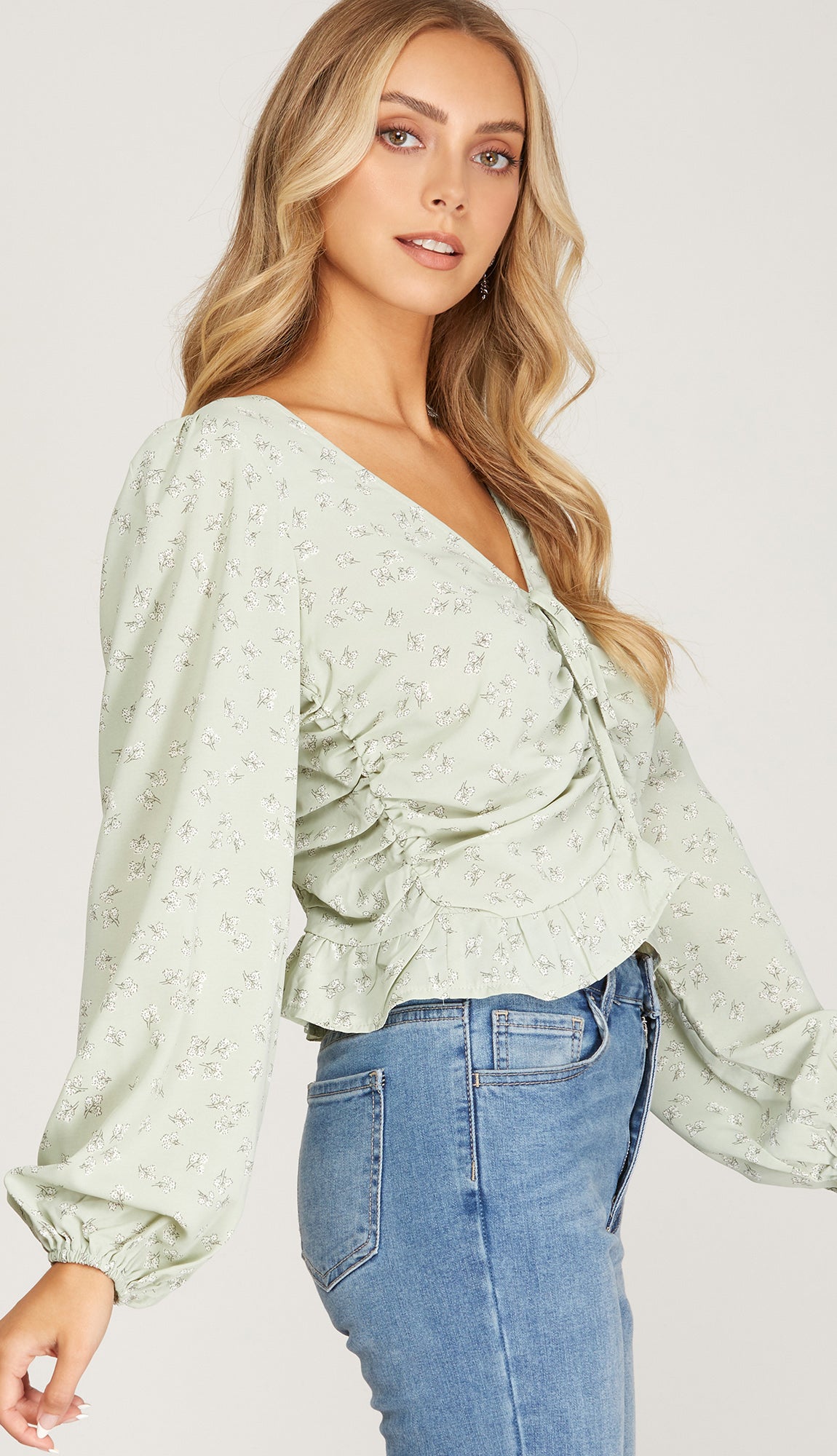 Dainty Floral Ruched Top- Sage