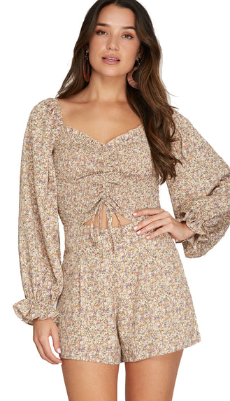 Lola Ruched Smocked Romper- Taupe