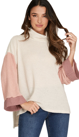 Everyday Things Cuff Sleeve Color Block Thermal Top- Rose