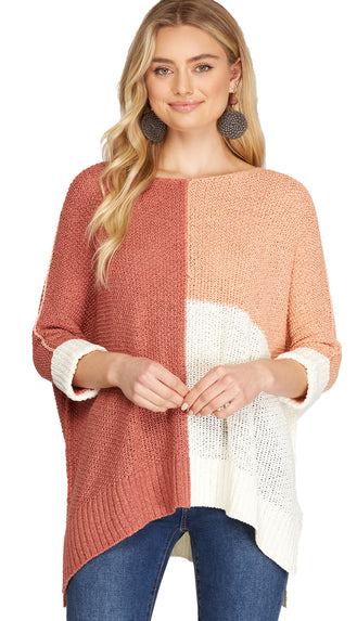Fresh Feels 3/4 Sleeve Color Block Sweater- Marsala/Peach