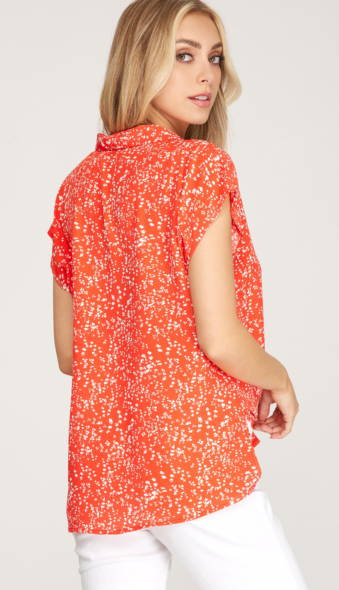 Kinsey Drop Shoulder Button Printed Top- Tomato