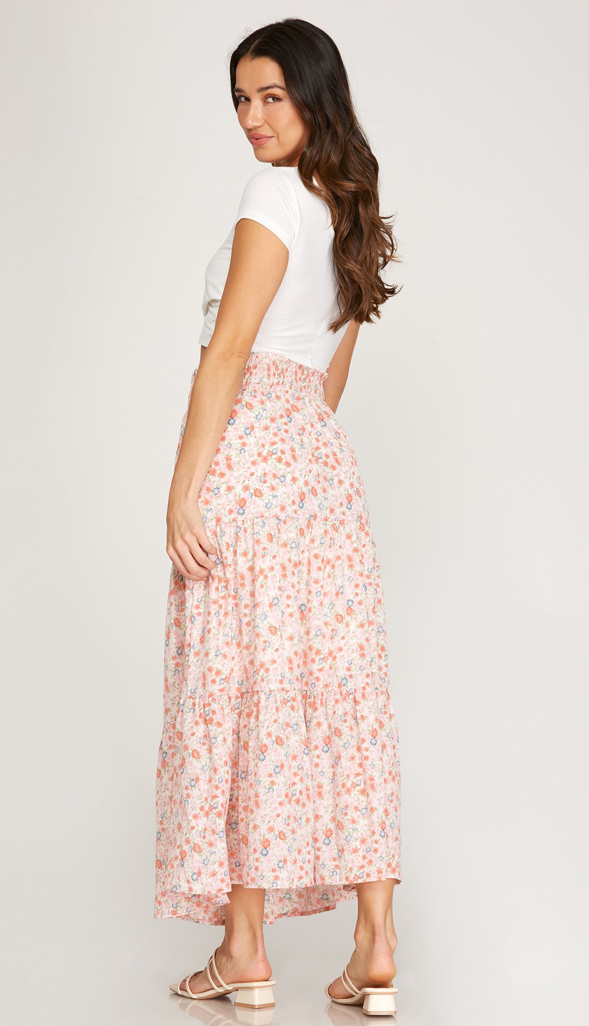 Cora Smocked Tiered Maxi Skirt- Coral Pink