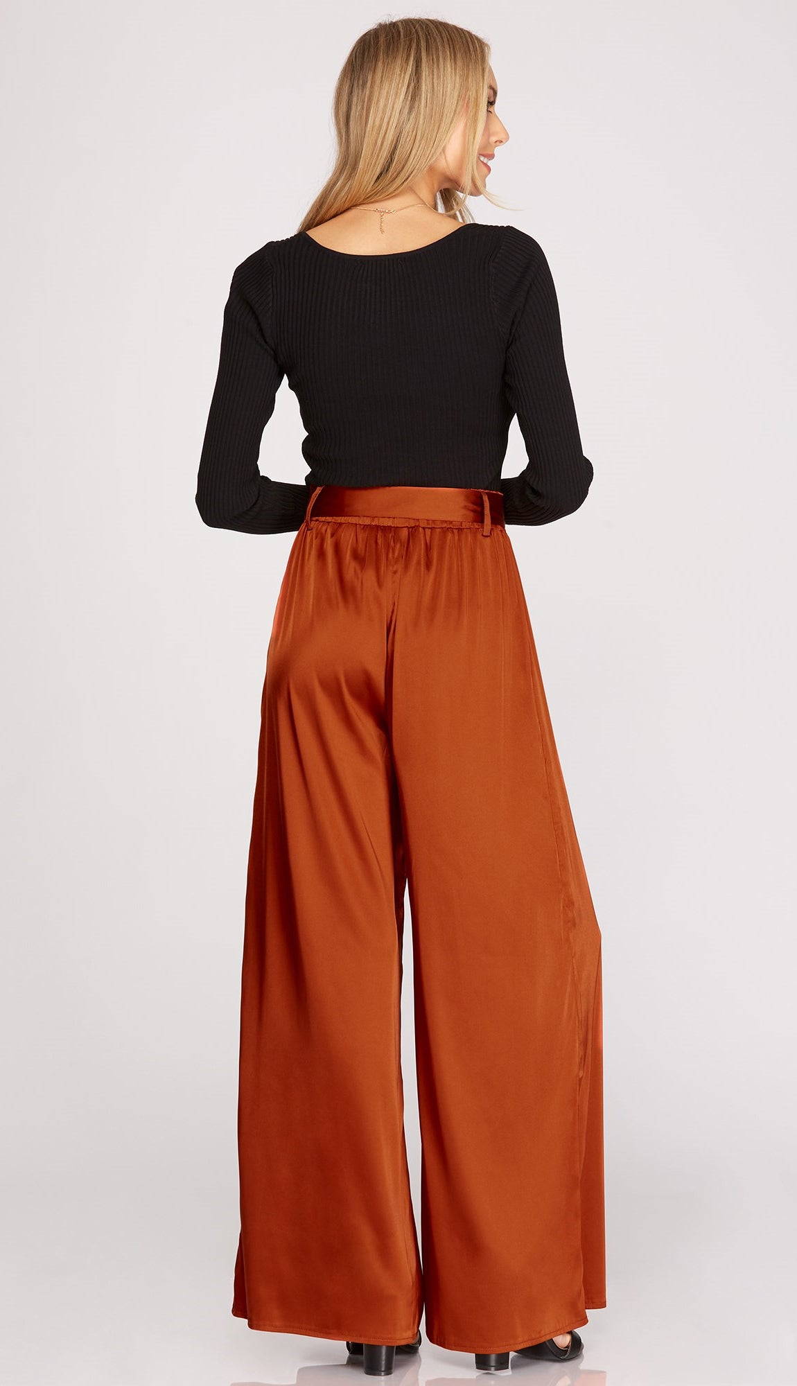 Women Dressy Satin Wide Leg Pants Set Outfit Rust Two Piece Satin Pan –  Belle Allure Designs