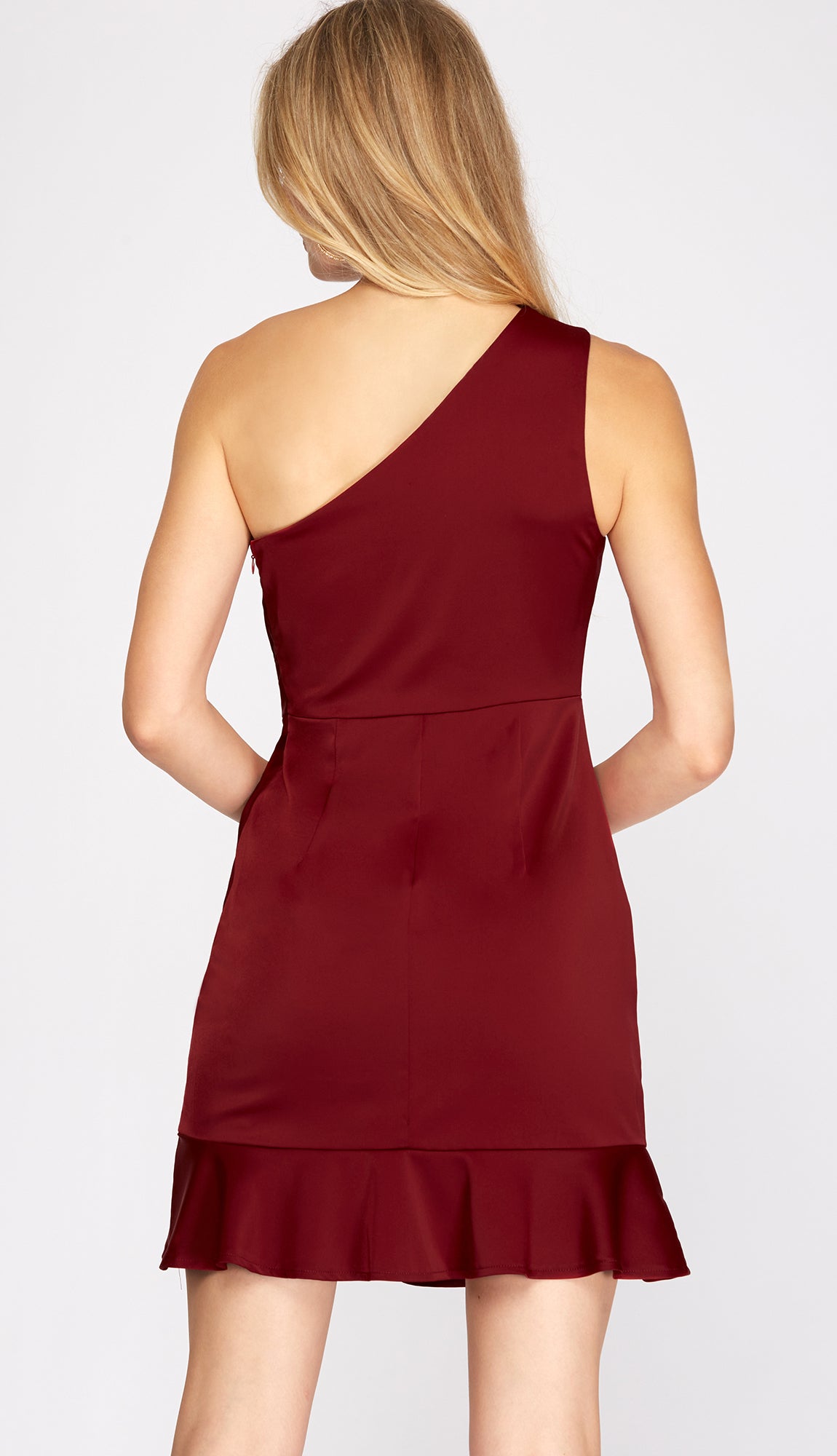 Accept This Rose Satin One Shoulder Dress- Wine