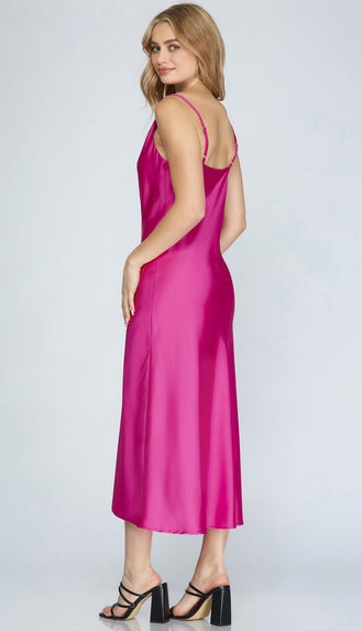 Blakely Satin Midi Dress- Magenta Pink
