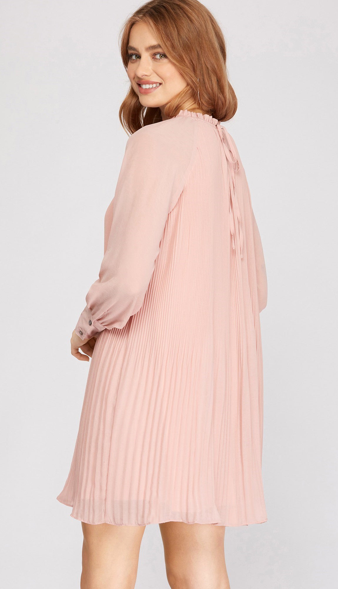 Rosie Long Sleeve Pleated Dress- Rose Pink