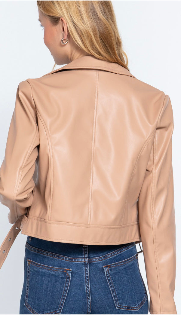 Hollie Moto Leather Jacket- Beige Pink