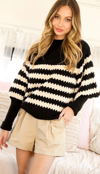Lyia Puff Sleeve Stripe Sweater- Black/Tan