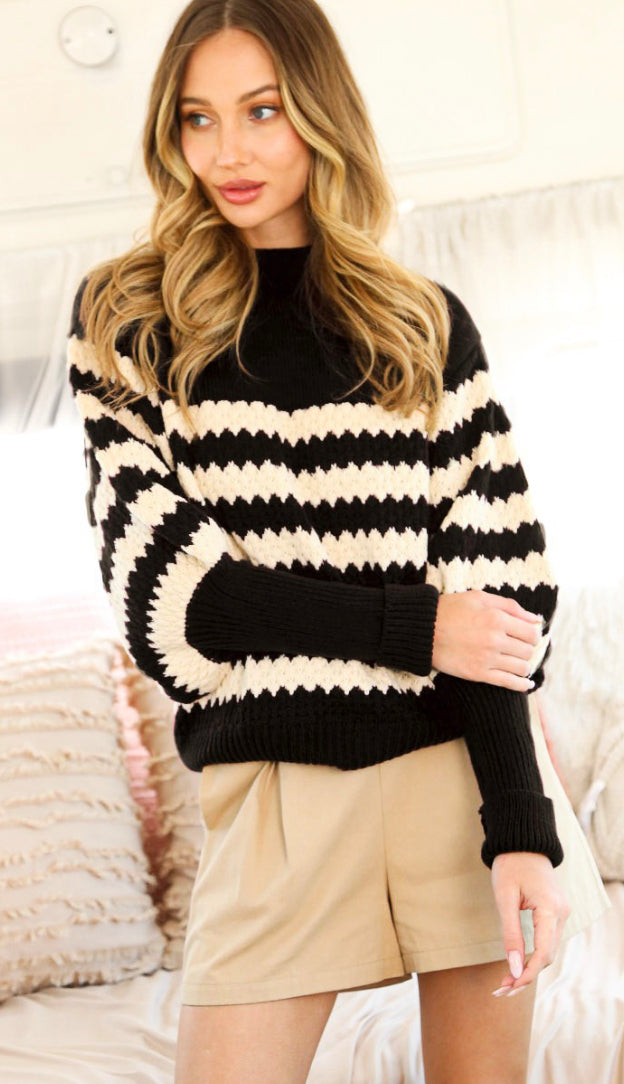 Lyia Puff Sleeve Stripe Sweater- Black/Tan