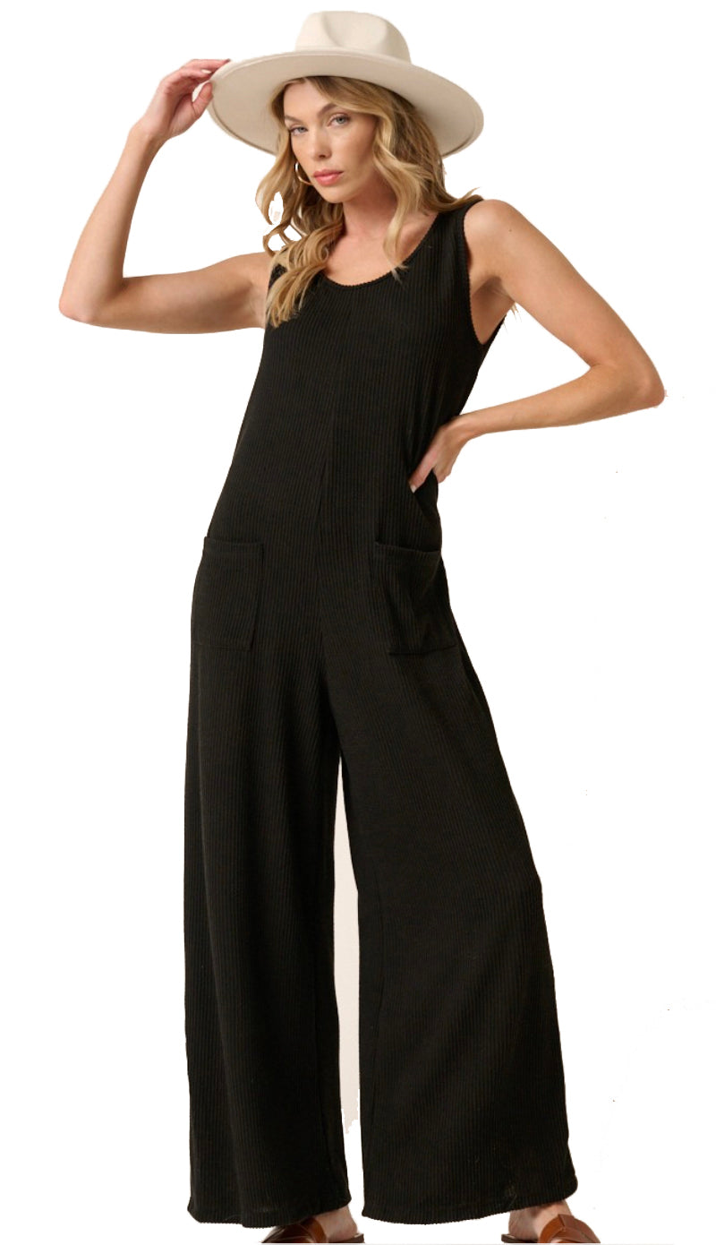 Travel And Leisure Ribbed Comfort Jumpsuit- Black