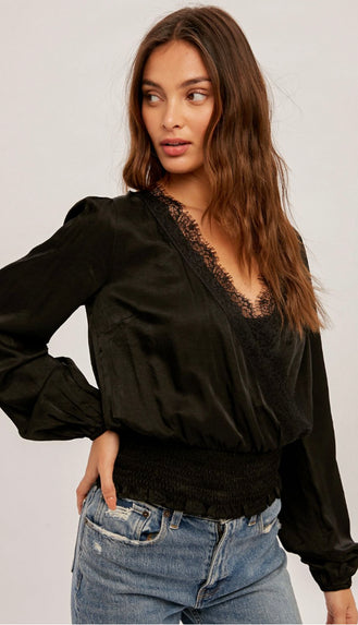 Tasha Lace Trim Satin Blouse- Black