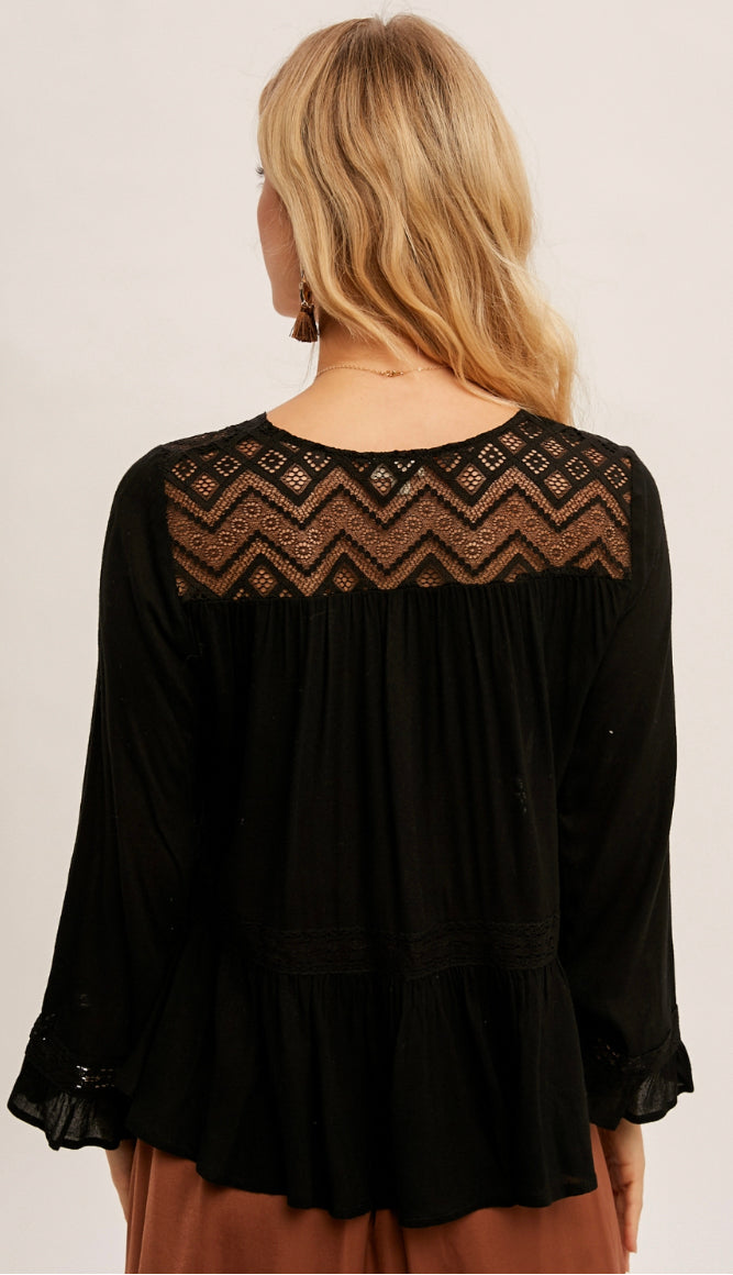 Breelle Lace Inset Crochet Blouse- Black