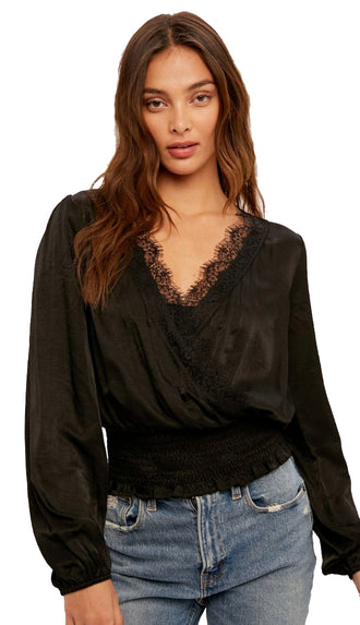 Tasha Lace Trim Satin Blouse- Black