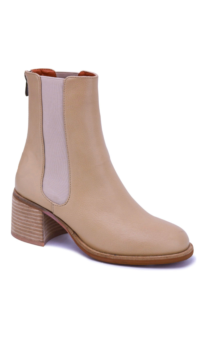 Stacked Ankle Heel Boot- Beige