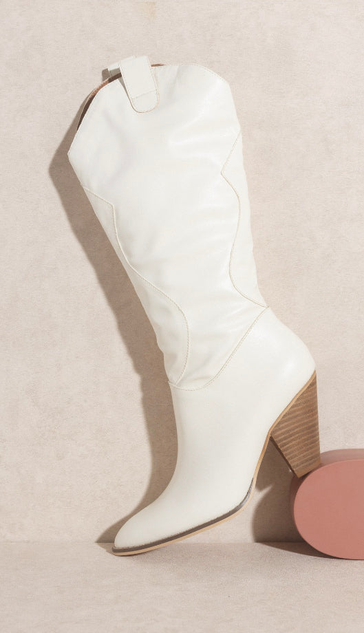 Western Knee High Boots- Off White