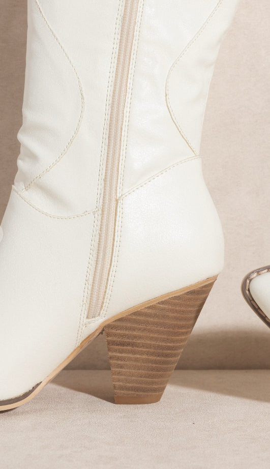Western Knee High Boots- Off White