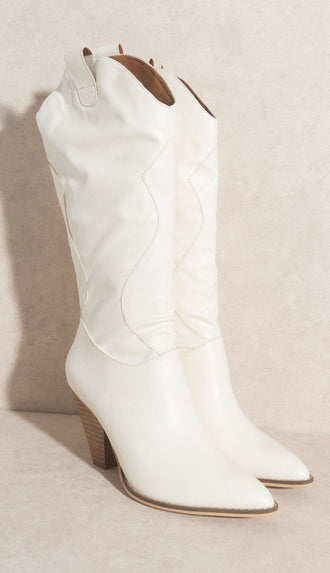 Western Knee High Boots- Off White