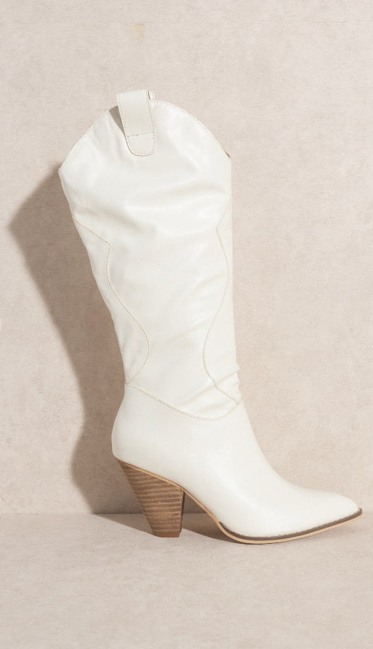 Western Knee High Boots- Off White