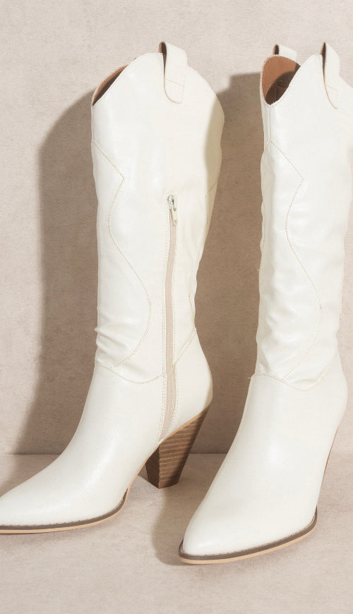 Western Knee High Boots- Off White