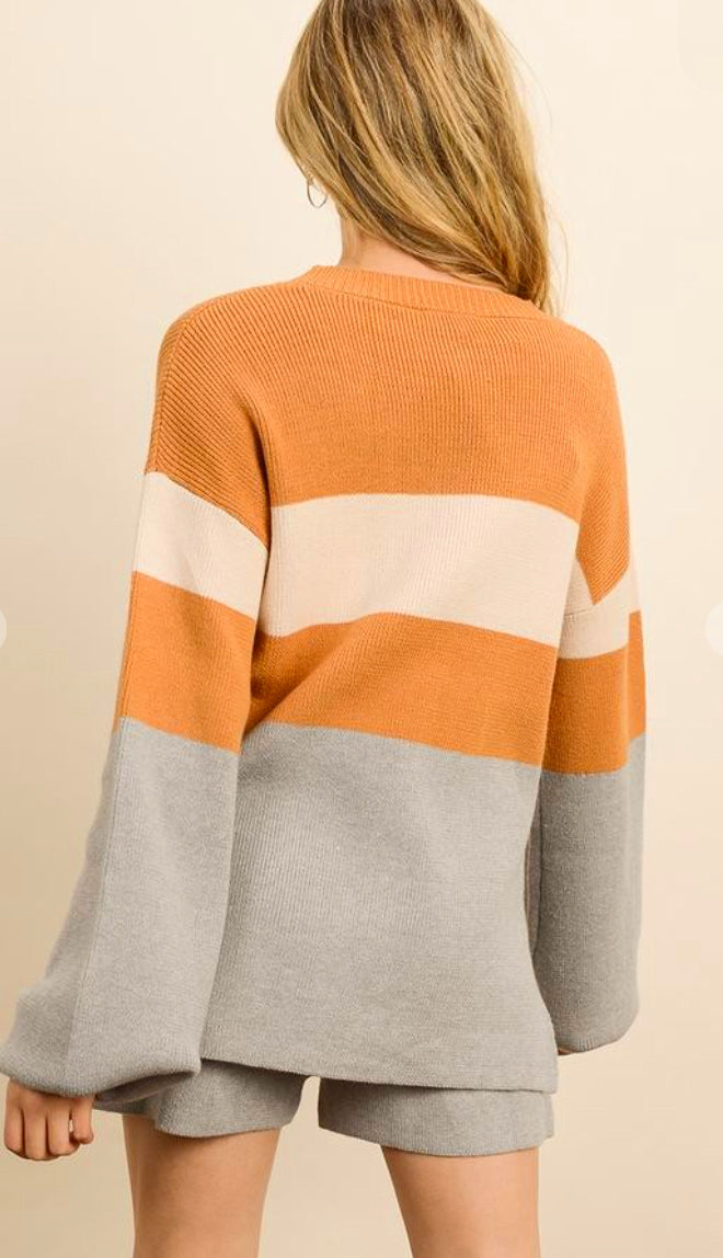 Mari Bubble Sleeves Color Block Sweater- Sand/Grey